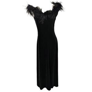 Vintage Black Velvet Ostrich Feather Trim Maxi Gown Tom Barra NYE Dress
